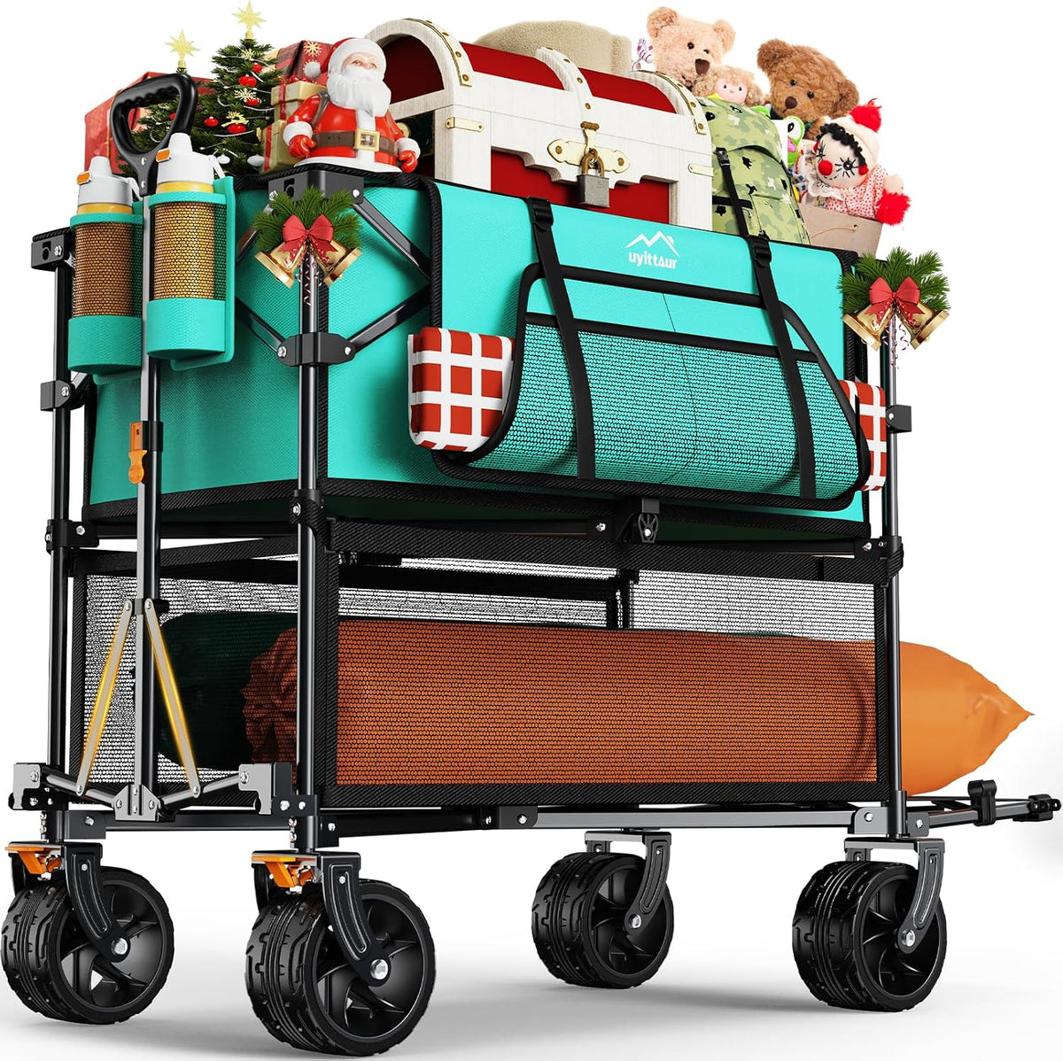 Uyittour Foldable 50''L Extra Long Double Decker Wagon for Sport, 400L Collapsible Heavy Duty Wagon Cart with Big Wheels, Utility All-Terrain Large Extender Cart for Outdoors, Light Blue
