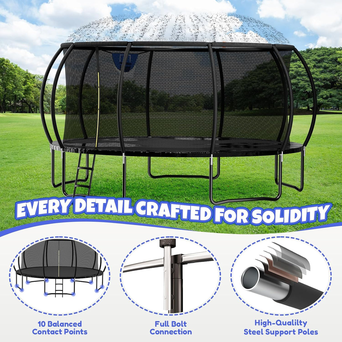 Kiivakii Trampoline 8FT 10FT 12FT 14FT 16FT, Outdoor Trampolines for Kids and Adults, Recreational Trampoline with Enclosure Net & Ladder, Round Trampolines ASTM Approved