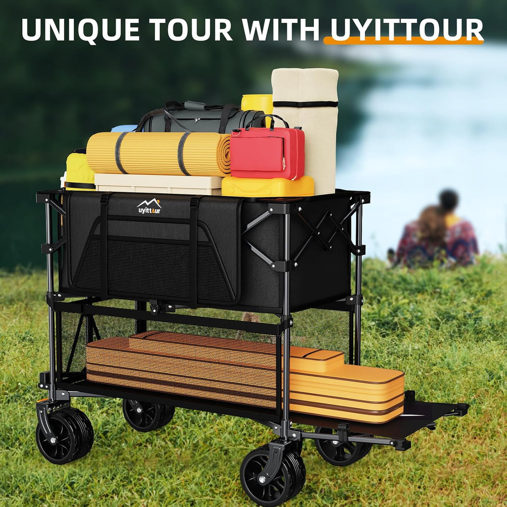 Uyittour Foldable 50''L Extra Long Double Decker Wagon for Sport, 400L Collapsible Heavy Duty Wagon Cart with Big Wheels, Utility All-Terrain Large Extender Cart for Outdoors