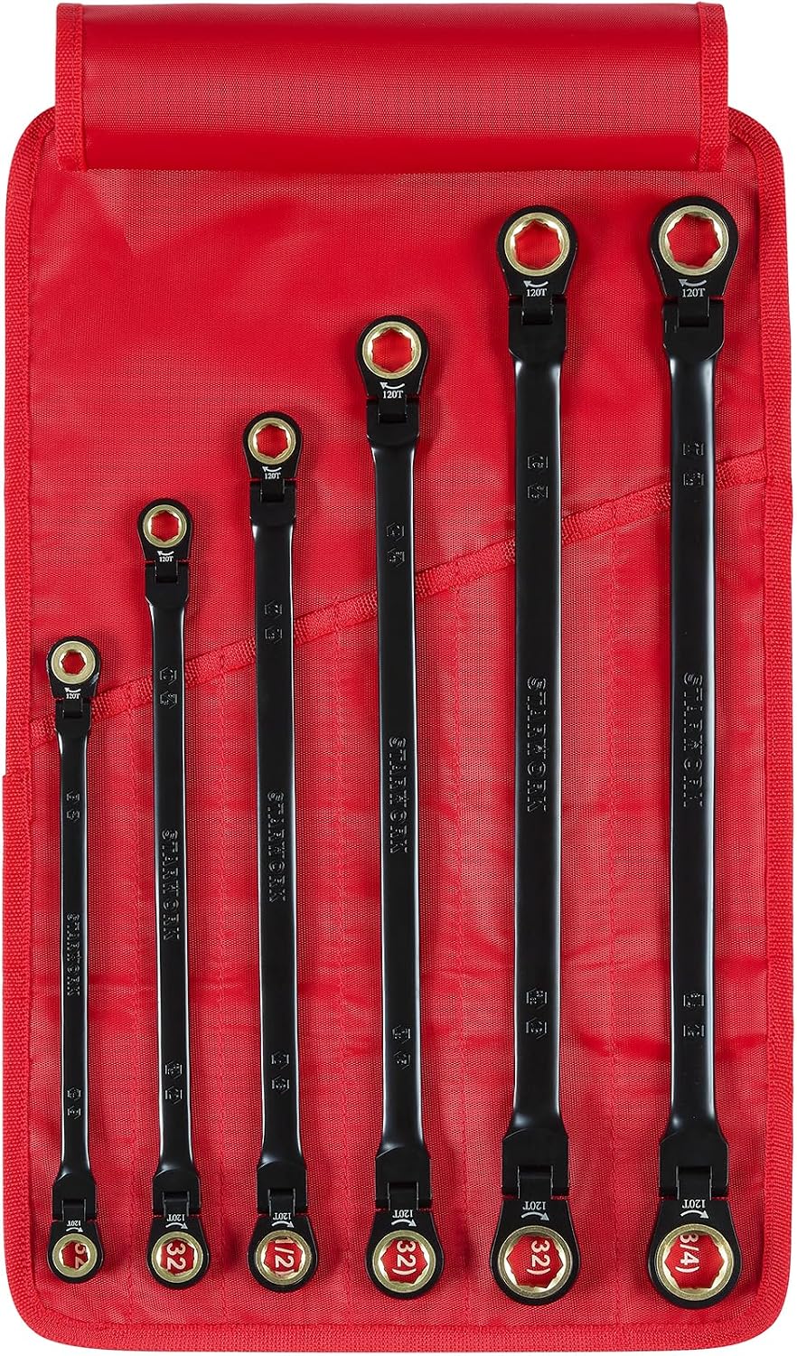 STARWORK TRUE MECHANIC™ 6-Piece 4-in-1 Extra Long Flex-Head Ratcheting Wrench Set with Rolling Pouch, Double Box End, 120-Tooth, SAE&Metric