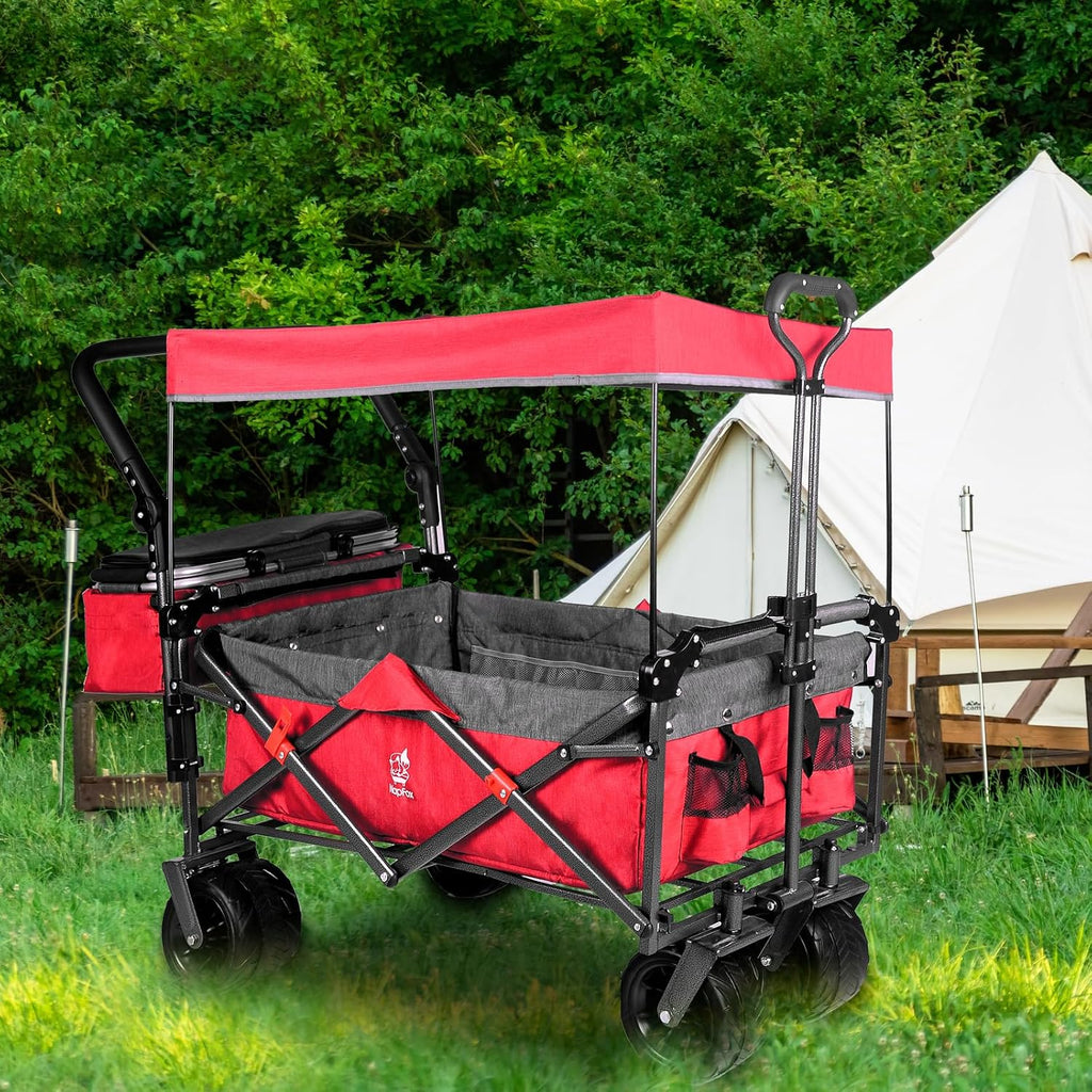 Collapsible Wagon Heavy Duty Folding Wagon Cart with Removable Canopy, 4' Wide Large All Terrain Wheels, Brake, Adjustable Handles,Cooler Bag Utility Carts for Outdoor Garden Wagons Carts Beach Cart