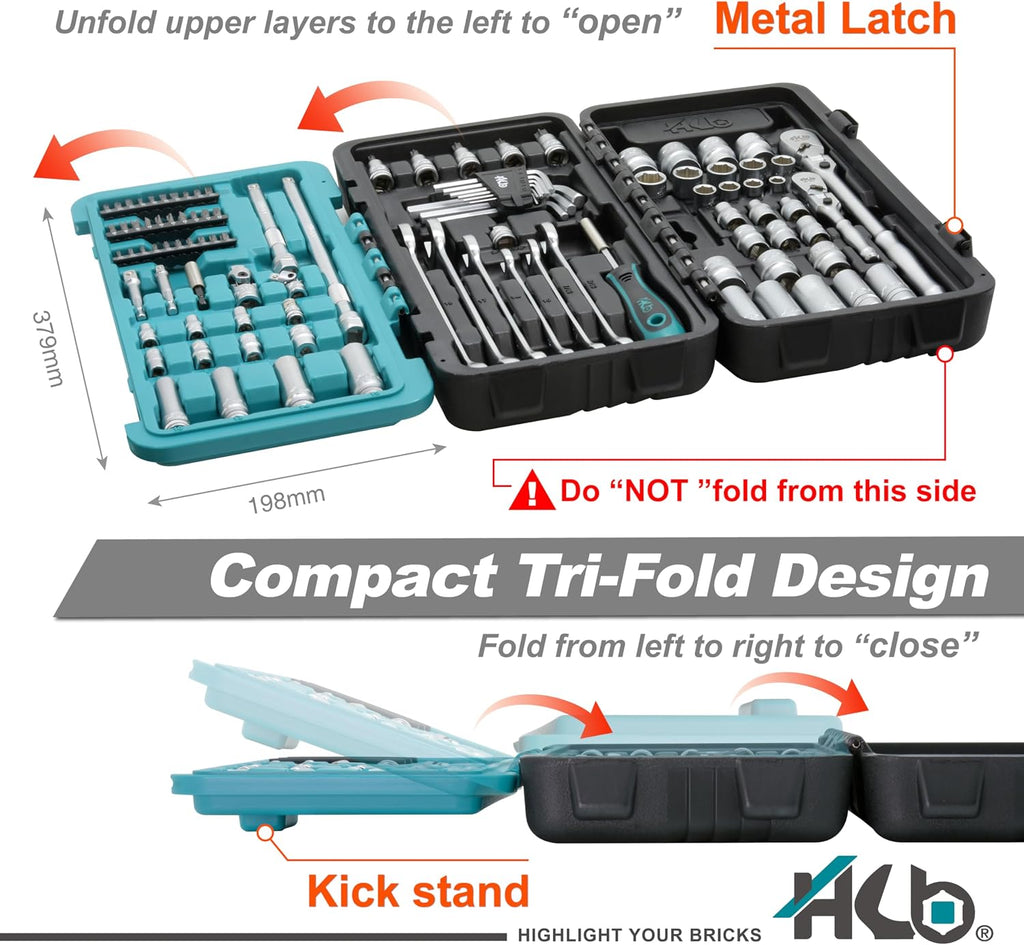 HB 100-Piece Socket Set AKX010-U, 90-Tooth Flex Head Ratchets 3/8'&1/4' Drive, Non-Slip Metric SAE Sockets, Deep & Standard, Impact Adapter, Wrenches, Torx Hex Bits, Tri-Fold Case, Made in Taiwan