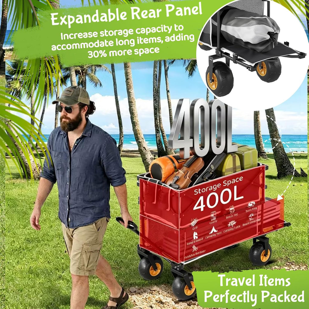 Beach Wagon with Big Wheels for Sand,Heavy Duty Double Decker Wagon with Extender,400L Extra Large Foldable Wagon Cart with 9' All Terrain Inflatable Tires,for Beach Camping Garden and Sports, Black