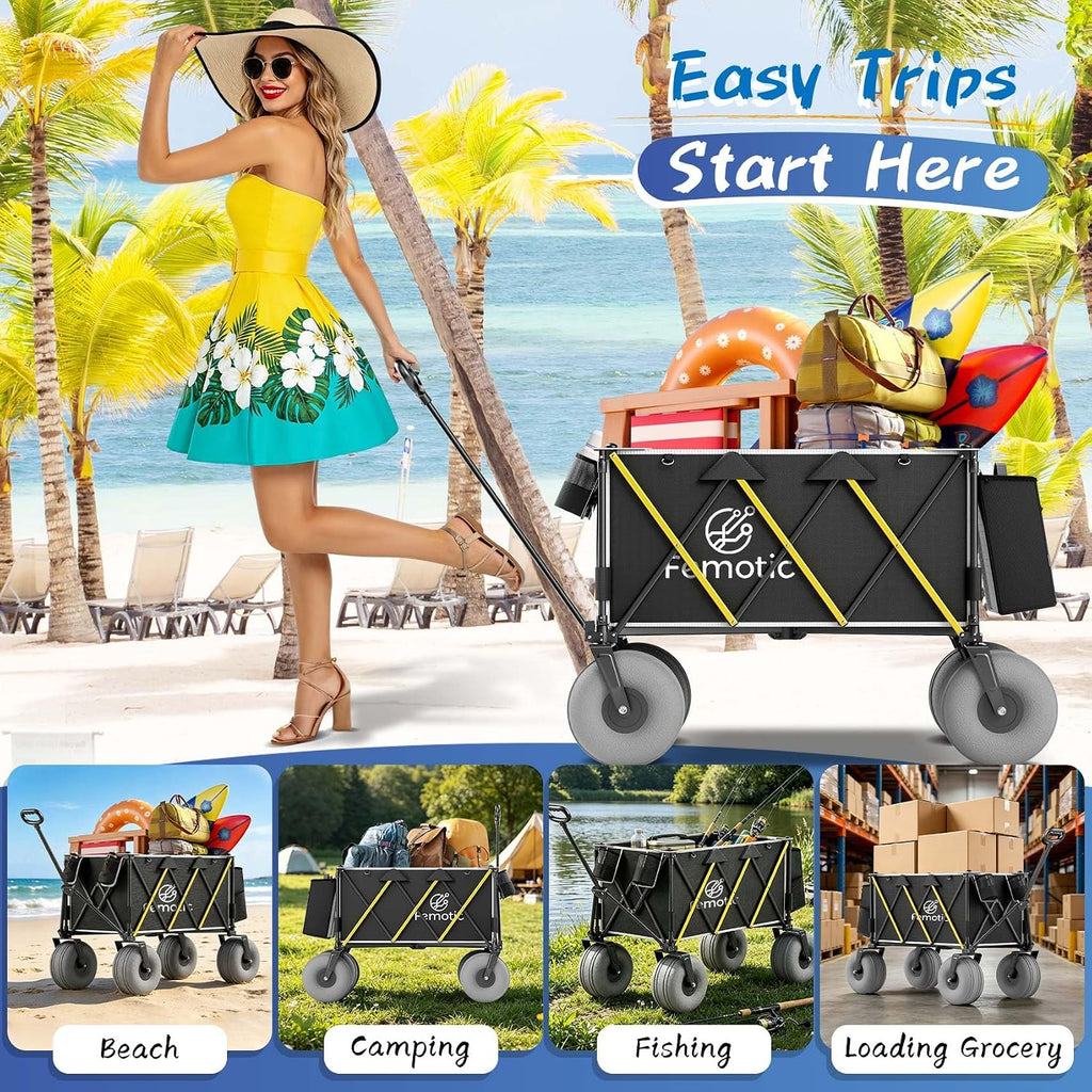 Beach Wagon with Big Wheels for Sand, 10.5' TPU All-Terrain Inflatable Wheels, Heavy Duty Folding Wagon, 150L Large Capacity, Collapsible Cart for Beach, Camping, Garden & Outdoor Sports (Black)