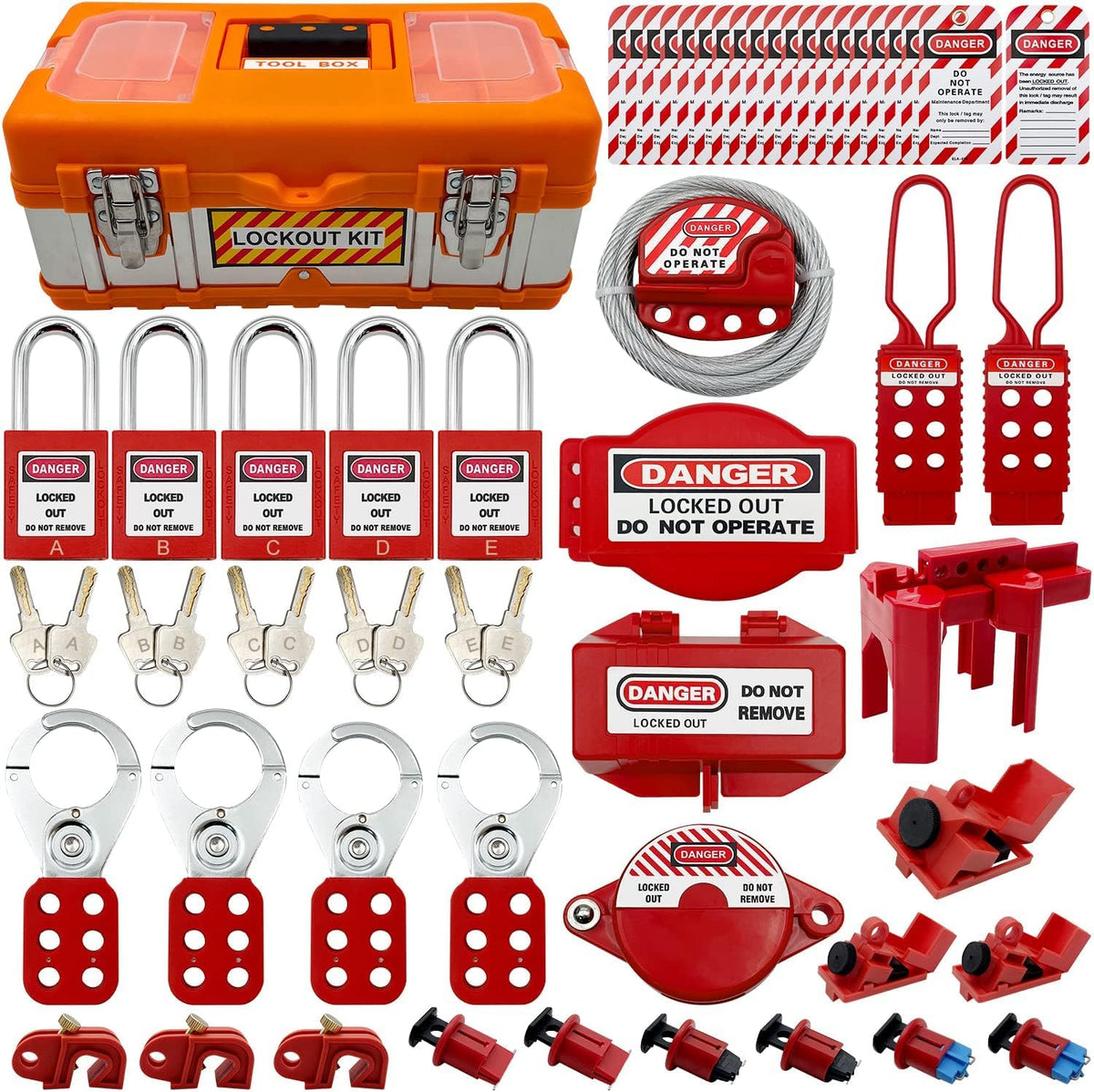 SAFBY Lockout Tagout Kit Electrical Loto - Clamp-On Circuit Breaker Lockout, Group Lockout Hasps, Lockout Tag, Universal Multi- Pole Breaker for Kit Station (Box Orange Kit)