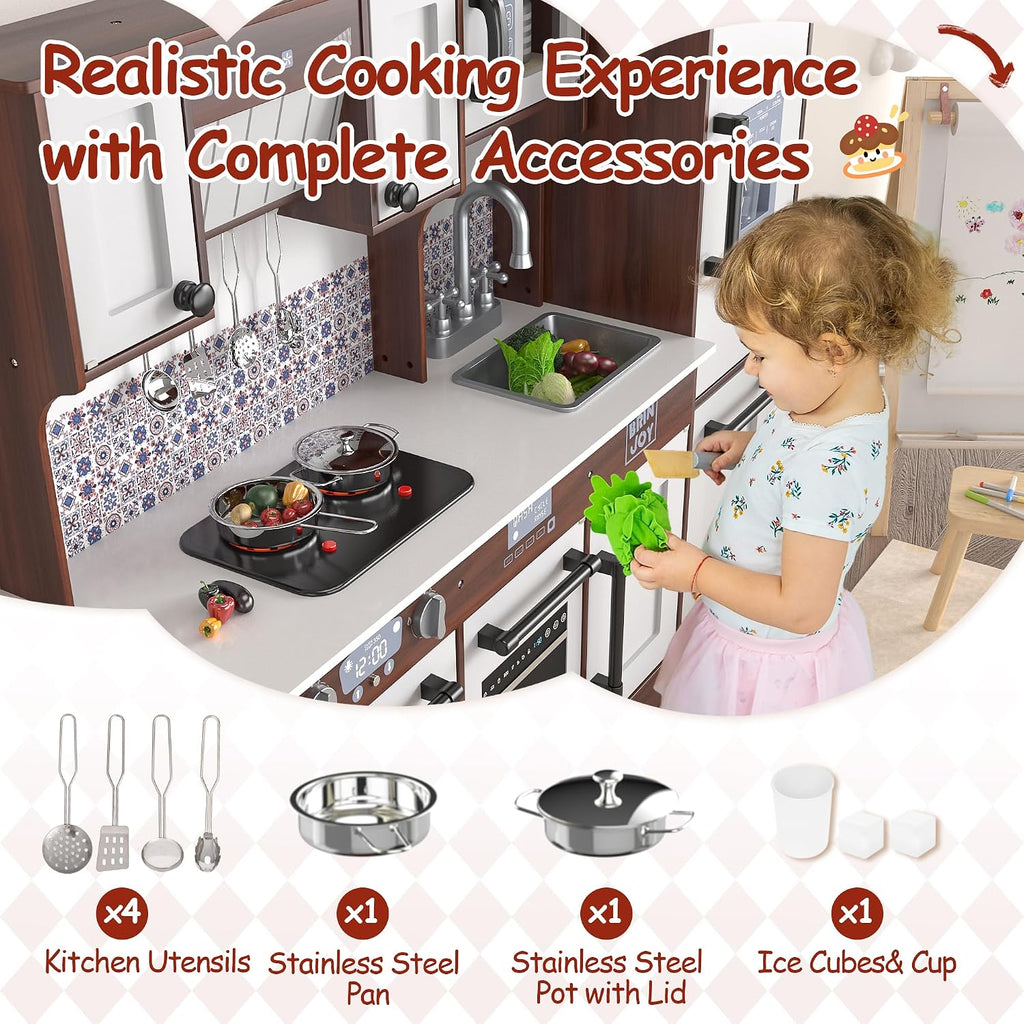 BRINJOY 2-Piece Kids Kitchen Playset, Wooden Play Kitchen Set for Toddlers, Modular Pretend Play Kitchen w/Light&Sound Stove Oven, Large Kitchen Cooking Toy w/Refrigerator, Gift for Girls Boys