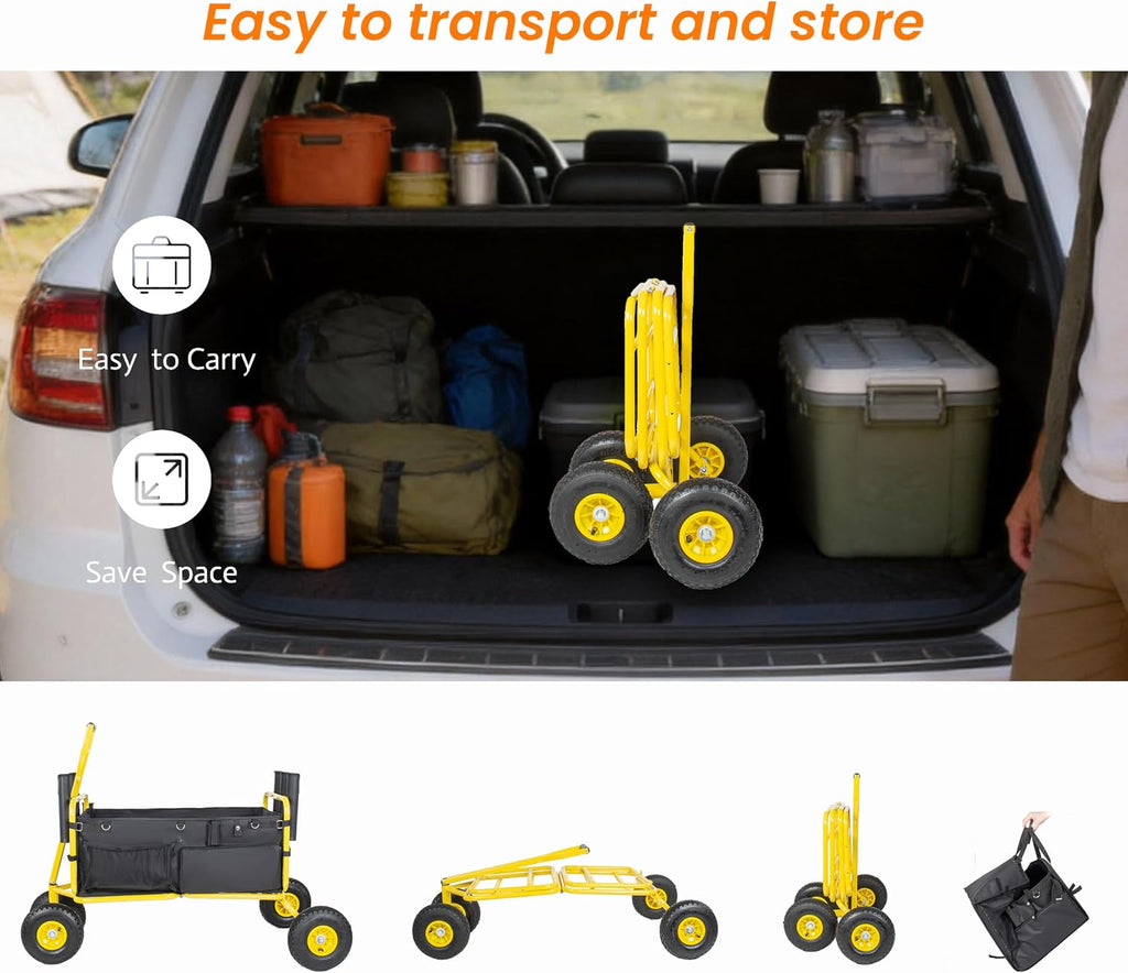 Fishing Cart Beach Cart Collapsible Wagon with 9.85' All-Terrain Wheels for Sand, Heavy Duty Foldable Utility Cart 550LBS Capacity with Rod Holders for Camping, Garden, Grocery, Outdoor Sports(Yellow)