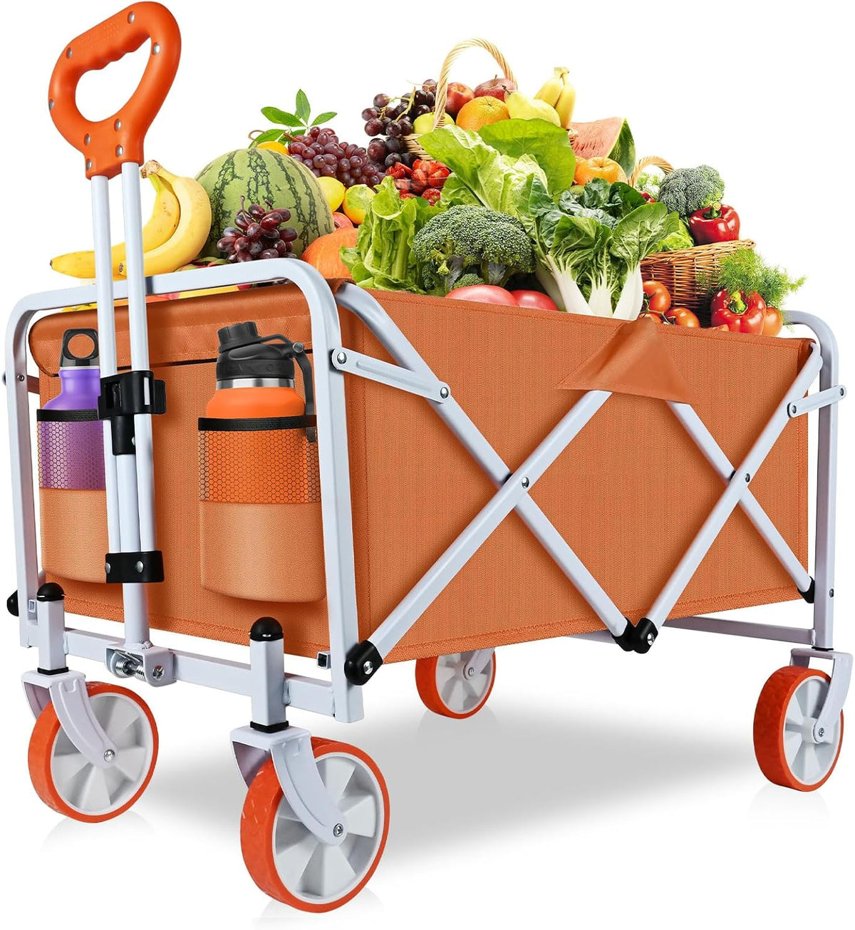Orange Wagon for Groceries - Heavy Duty Wagon Cart with Wheels Collapsible, Large Capacity Utility Grocery Cart for Outdoor Garden Shopping and Sports