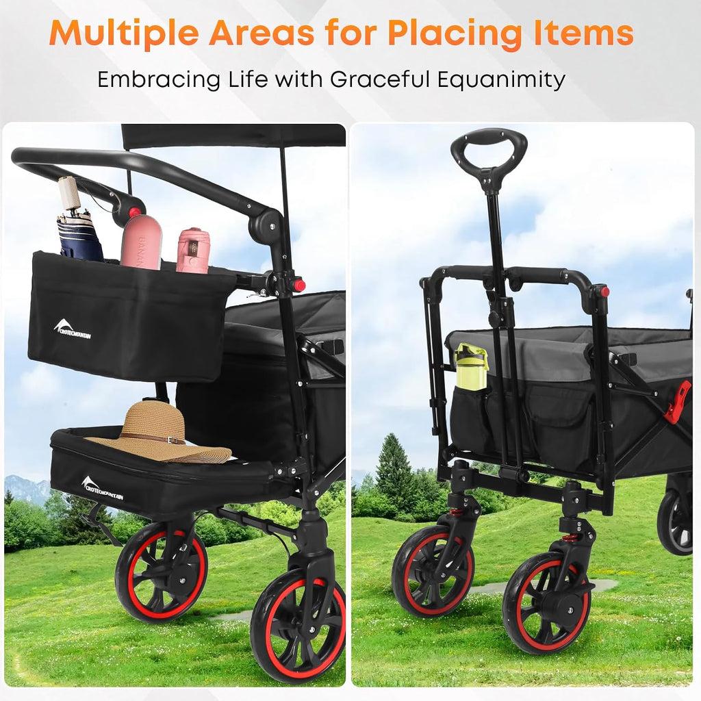 Wagon Stroller with Canopy,Large Capacity Trolley, Foldable Portable Cart with Canopy, Adjustable Push/Pull Handle, Shock-Absorbing Wheels, Suitable for Shopping,Traveling-B