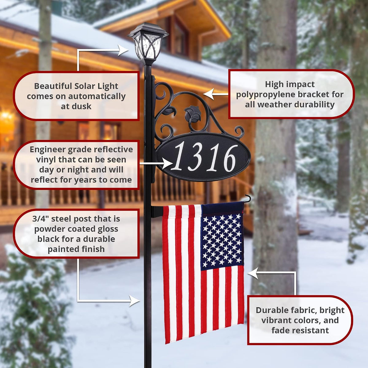 Address America USA Handcrafted Park Place Reflective Address Sign with Decorative American Flag and Solar Light - 47' Pole