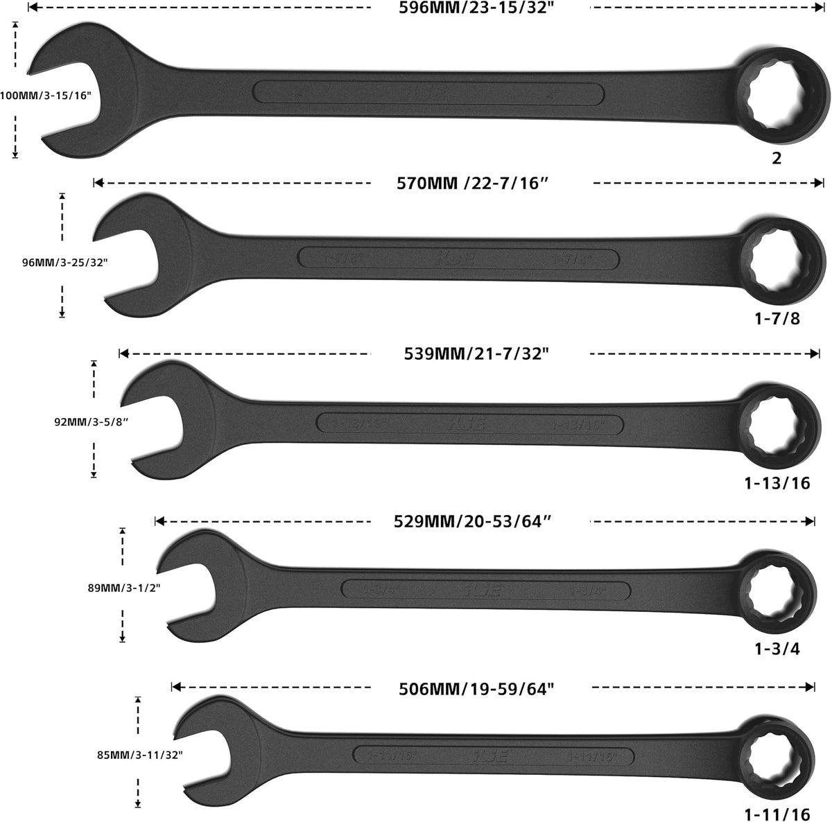KJE 10-Piece SAE Black-Oxide Jumbo Combination Wrench Set, Open-End large Wrench, big Wrench Set, SAE Sizes 1-5/16' - 2' for Large Vehicles
