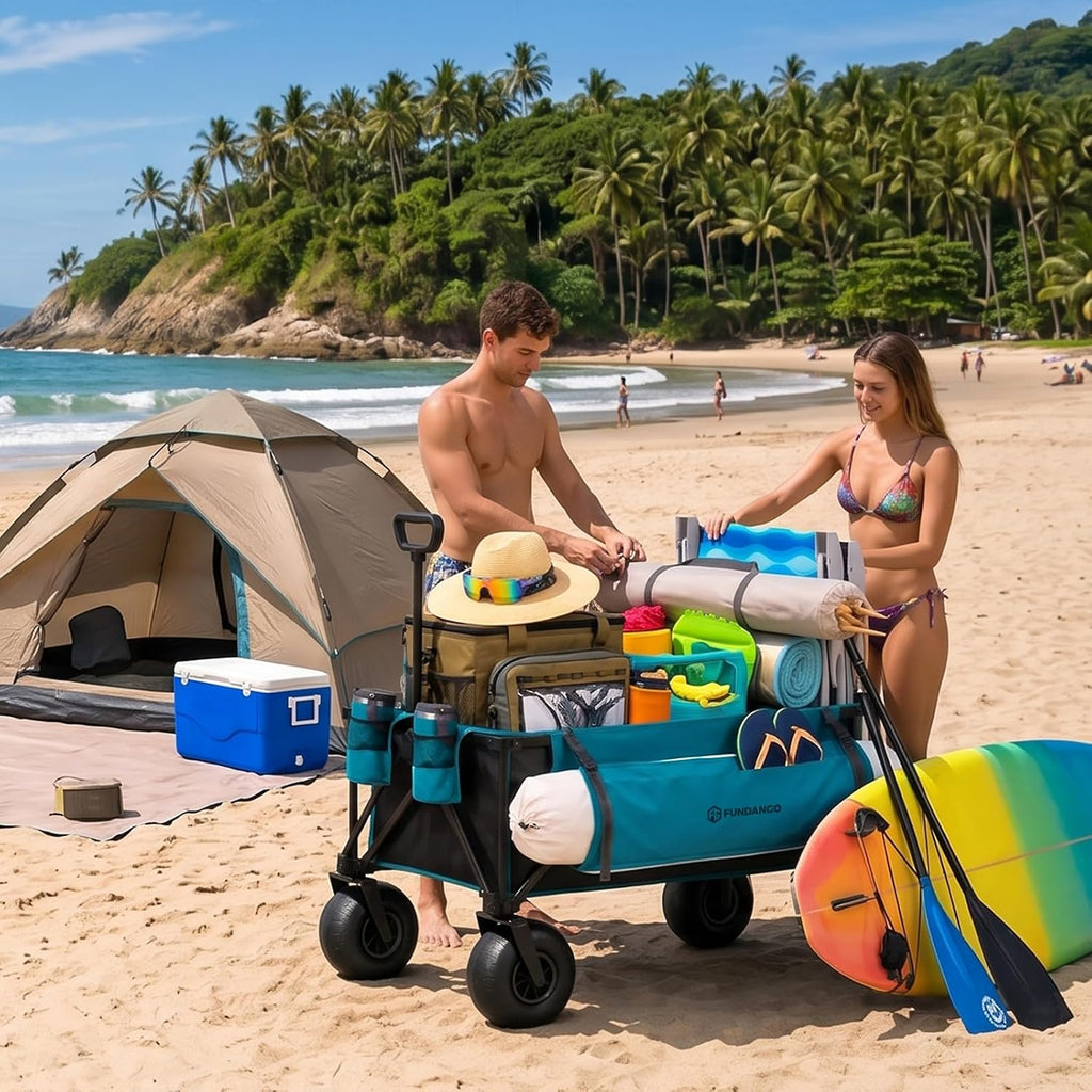 FUNDANGO Heavy Duty Beach Wagon with 9' Big Sand-Proof Wheels, 300L Large Beach Wagons with Balloon Wheel, Folding Collapsible All Terrian Cart with Side Pockets for Sports, Camping, Pump Included