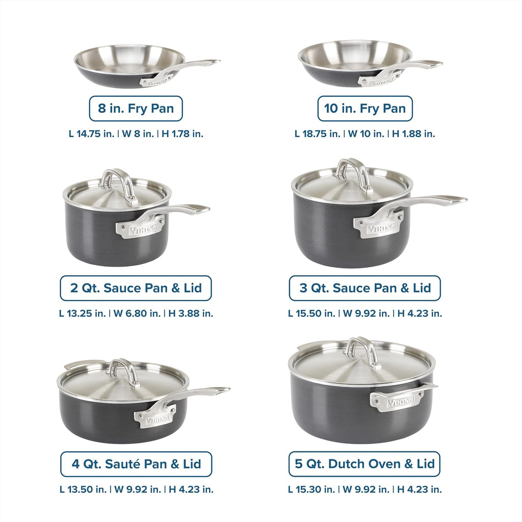 Viking 5-Ply Pots and Pans Set, 10 Piece Hard Anodized Cookware, Stainless Steel Lids, Silver