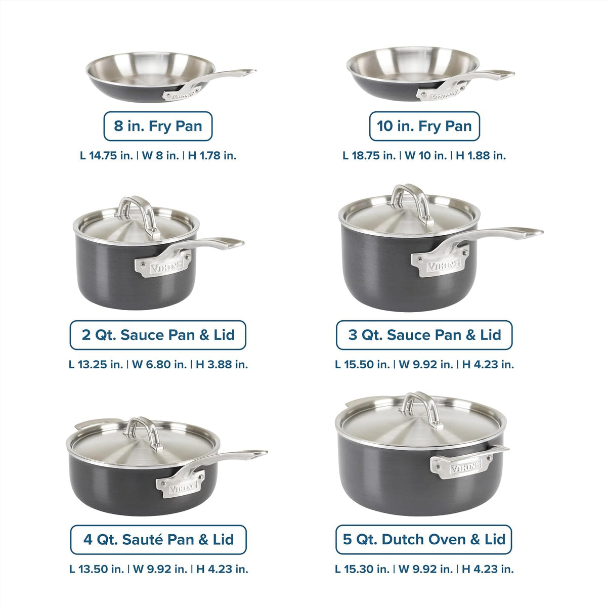 Viking 5-Ply Pots and Pans Set, 10 Piece Hard Anodized Cookware, Stainless Steel Lids, Silver