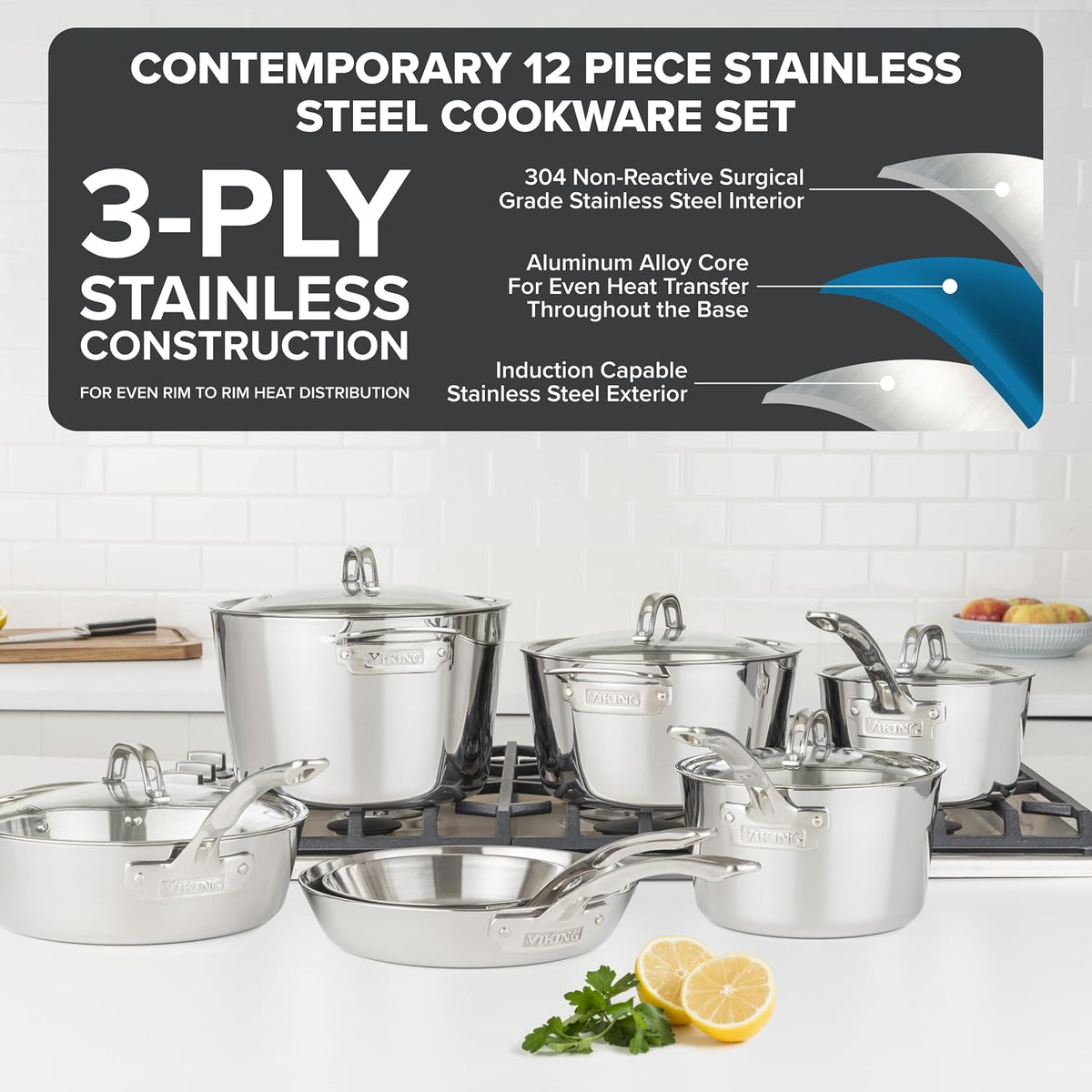 Viking Contemporary 3-Ply Pots and Pans Set, 12 Piece Stainless Steel Kitchen Cookware with Glass Lids, Silver