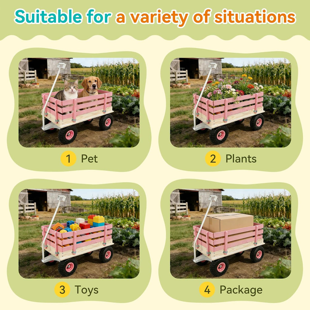 Garden Cart with Removable Side Panels, 176 lbs Capacity - Heavy-Duty Steel Yard Cart with Pneumatic Tires, Ideal for Gardening, Beach Use, and More (Pink-White Handle)