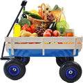 Outdoor Sport All Terrain Pulling Wagon With Removable Wooden Side Panels, Air Tires, Big Foot Panel, Sturdy Steel Bed, Kids' Pull-Along (Blue)