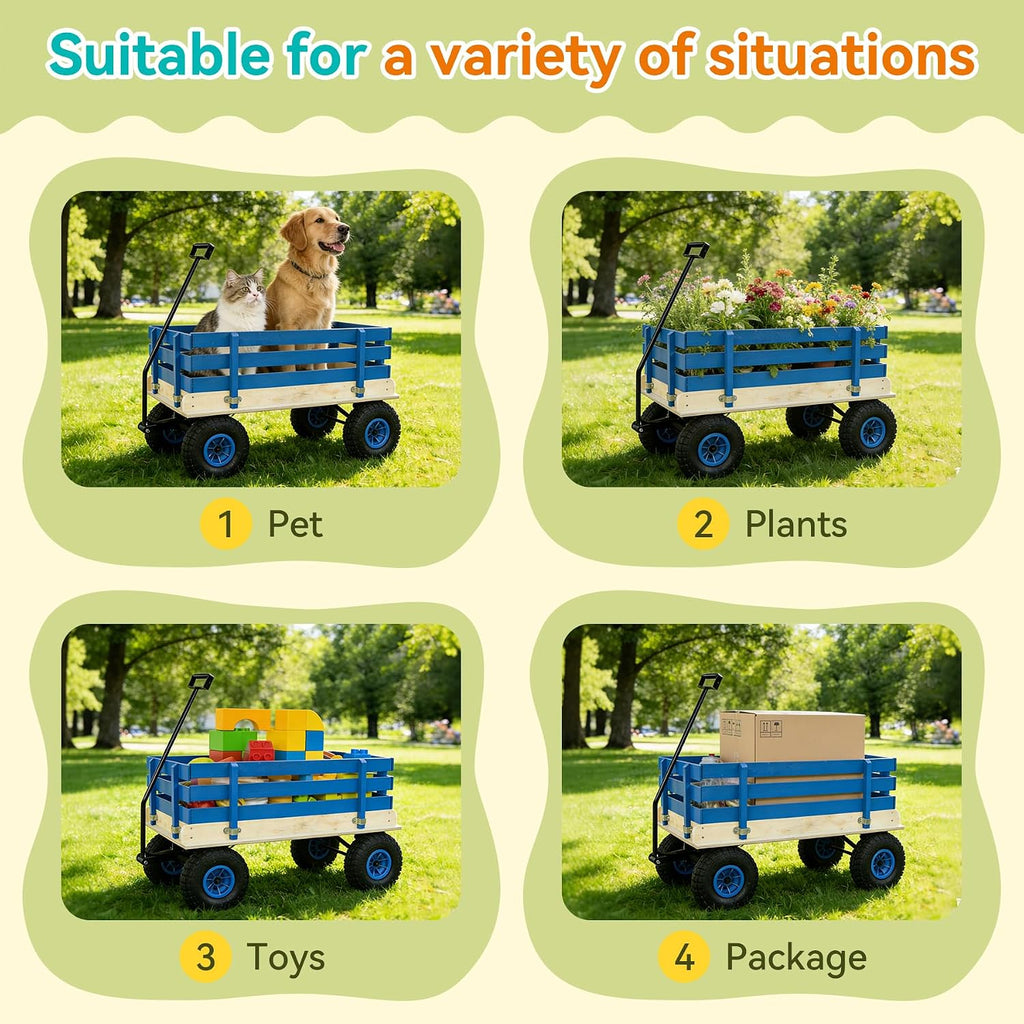 Garden Cart with Removable Side Panels, 176 lbs Capacity - Heavy-Duty Steel Yard Cart with Pneumatic Tires, Ideal for Gardening, Beach Use, and More (Blue-Black Handle)