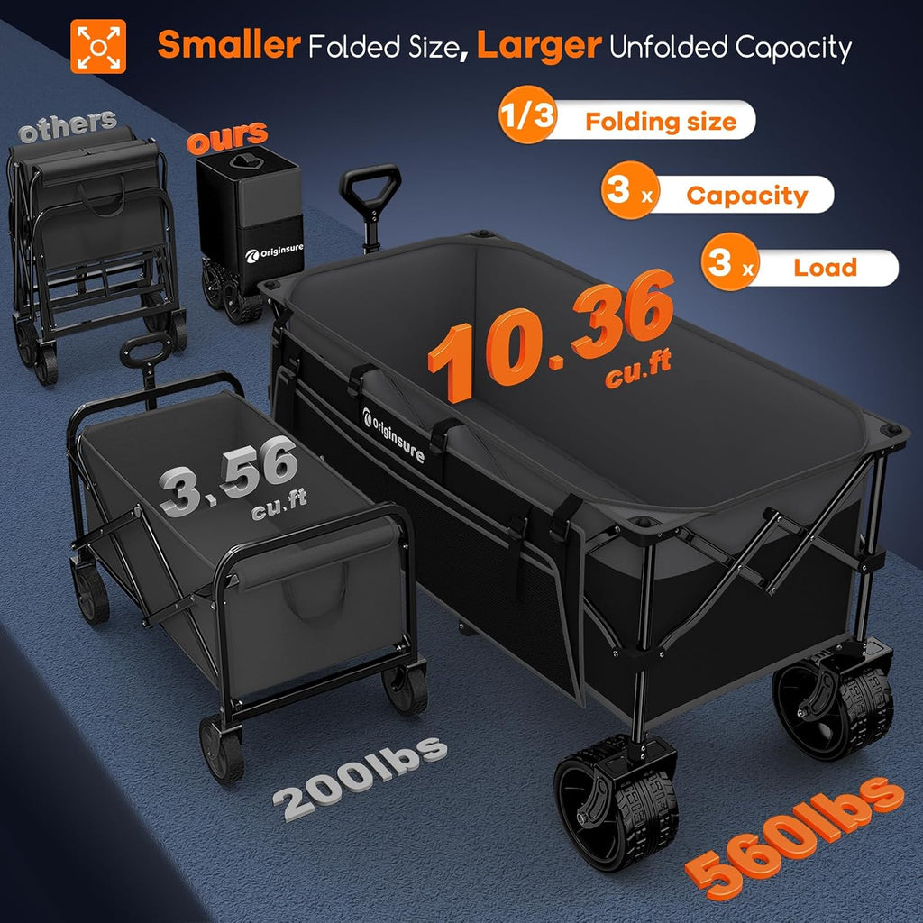 48' L Folding Beach Wagon Cart Foldable, 560lbs Weight Capacity 300L Heavy Duty Collapsible Wagons with Big All-Terrain Wheels, Utility Carts for Groceries, Shopping, Camping, Sports - Grey&Black