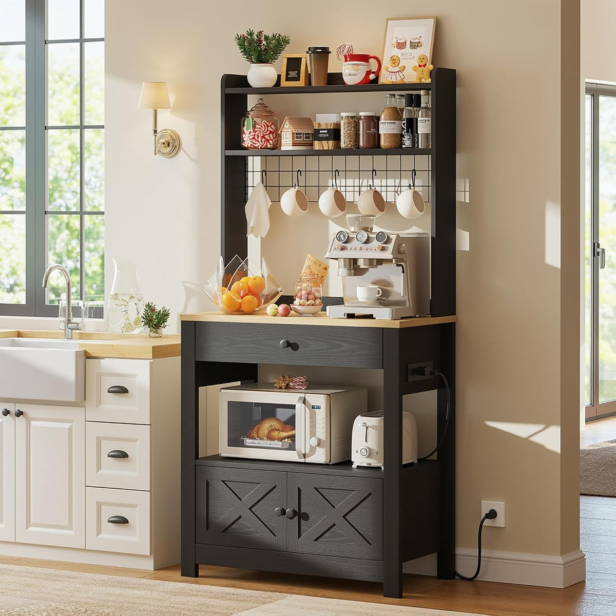 LIKIMIO Baker Rack with Spill-Safe Power Outlet & Drawer, Coffee Bar Cabinet with Storage, Farmhouse Microwave Stand with Hutch and 5 Hooks for Kitchen, Black