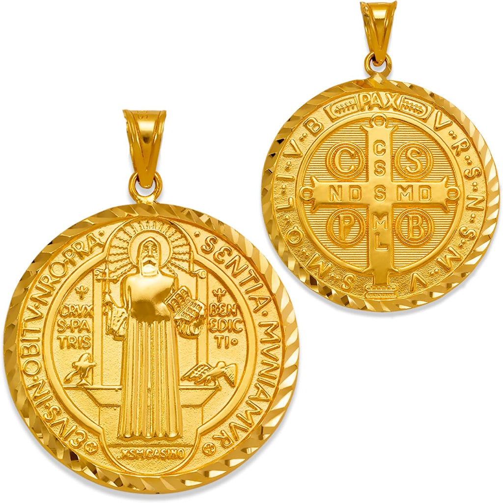 JEWELHEART 14K Real Gold Saint Benedict Medals 14mm 18mm 20mm 25mm Diamond Cut San Benito Pendant Charm For Men Women Religious Medallion Two Sided
