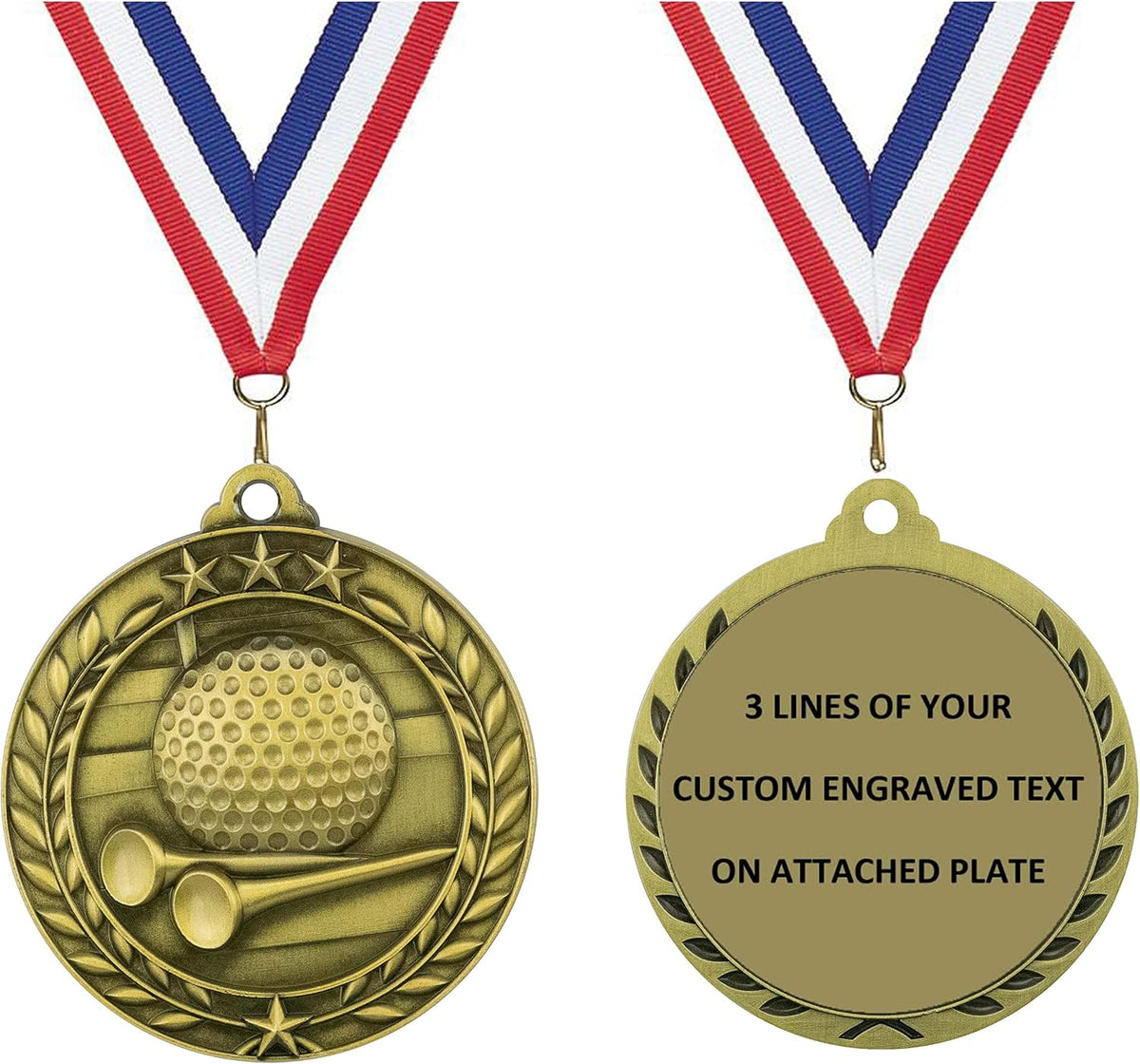 Express Medals Personalized Golf Gold Medal with Red White & Blue Neck Ribbon Award Trophy WAM9