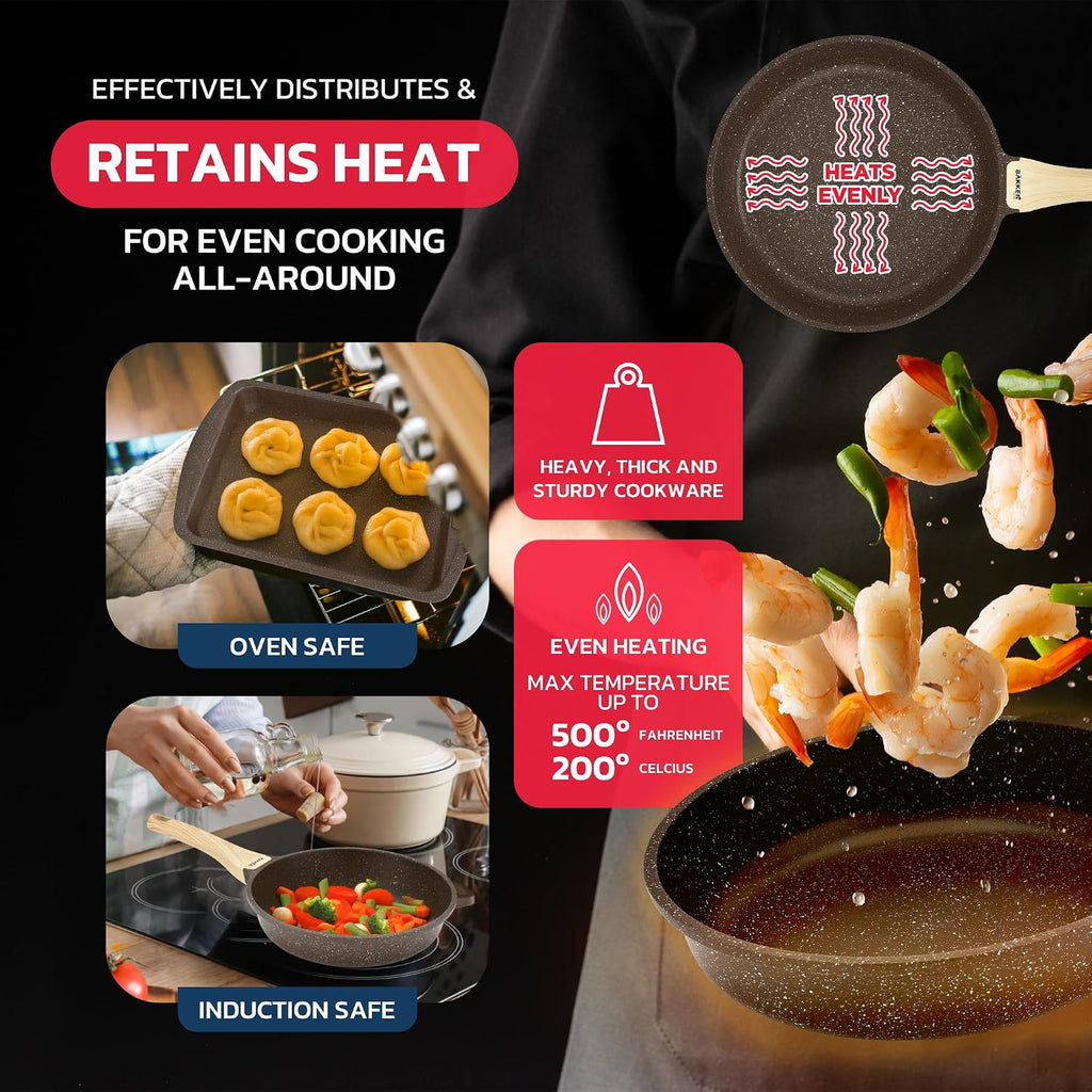 Bakken Master 20 Piece Cookware Set - Pots and Pans with Handle Grips and Tempered Glass Lids, With 6-piece Bakeware Set, Nonstick Granite Coating, Ceramic Max Temperature (Up To 500°F), Brown Marble