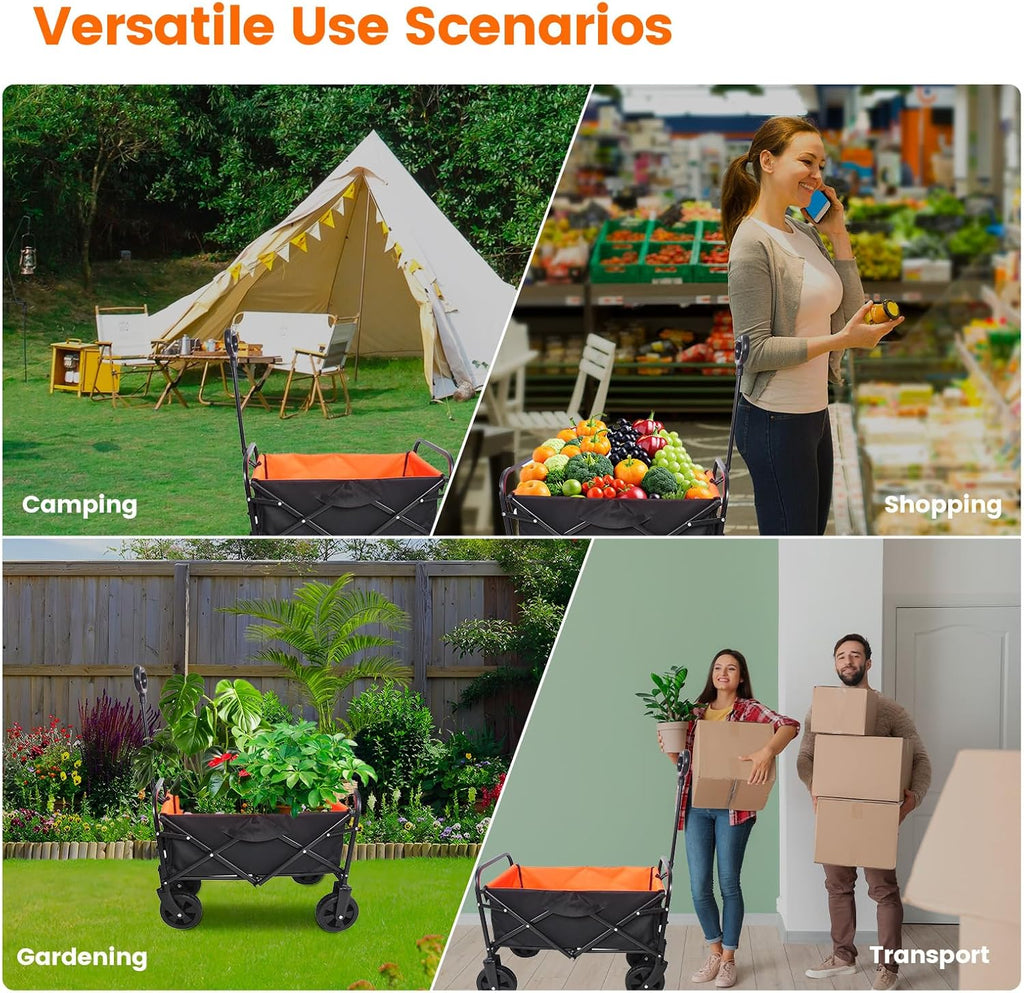 Foldable Wagon Cart, Collapsible Utility Wagon with 220 LBS Capacity, Heavy Duty Steel Frame, Lightweight Portable Folding Cart for Camping, Beach, Garden, Shopping, Sports, Orange