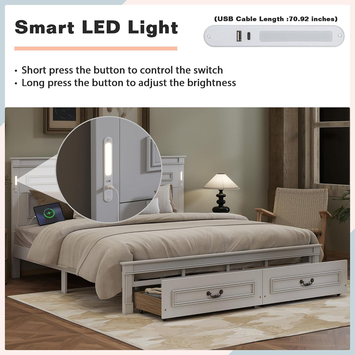 King Size Platform Bed with 2 Drawers, LED Light & Charging Station, Sturdy Wood Bed Frame with Headboard, No Box Spring Needed, Elegant Rustic Style, White