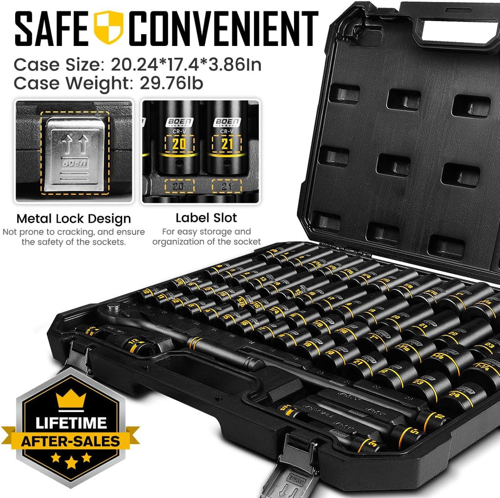 BOEN 1/2' Drive Impact Socket Set, 65-Piece Standard SAE (3/8' to 1-1/4') & Metric (10mm-24mm) Deep & Shallow Socket with Paint-Filled Markings, Includes Extensions, Ratchet, Adapter & Universal Joint
