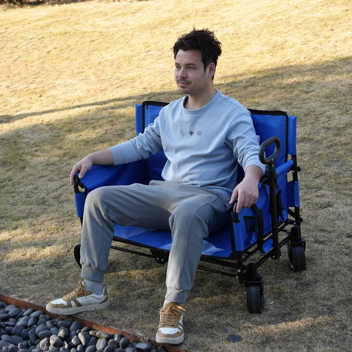 Beach Wagon Chair for Adults, Foldable Cart Converts to 2-Person Sofa, 2-in-1 Wagon Bench Love Seat Combo, Blue