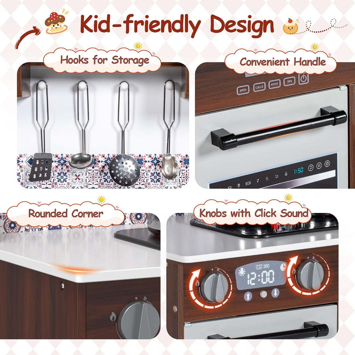 BRINJOY 2-Piece Kids Kitchen Playset, Wooden Play Kitchen Set for Toddlers, Modular Pretend Play Kitchen w/Light&Sound Stove Oven, Large Kitchen Cooking Toy w/Refrigerator, Gift for Girls Boys