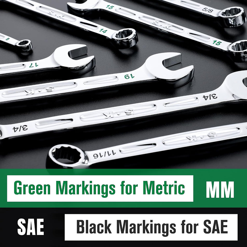 SK Combination Wrench Set, SAE 5/16' to 3/4', Metric 8 to 19mm, 23-Piece, SuperKrome Finish, Premium CR-V Construction, with Rolling Pouch