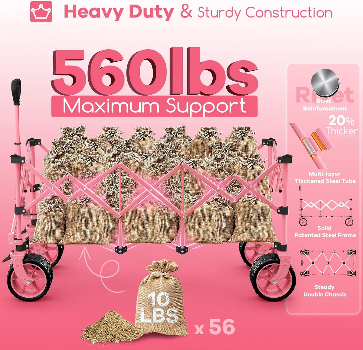 Originsure 48' L Collapsible Beach Wagon Cart Foldable, 560LB Weight Capacity 300L Heavy Duty Folding Wagons with Big All-Terrain Wheels, Utility Carts for Groceries, Camping, Sports - Pink