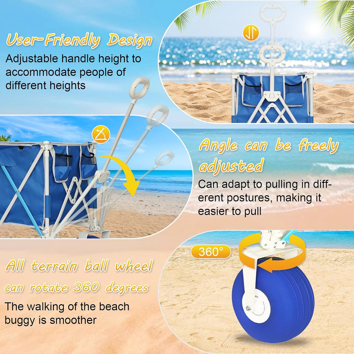 Beach Wagon with Big Wheels for Sand, Heavy Duty 350lbs Folding Beach Wagon with 10.5' All-Terrain Inflatable Wheels, Utility Cart for Camping, Outdoor Shopping, Garden & Sports, Includes Air Pump
