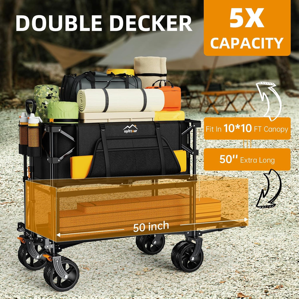 Uyittour Foldable 50''L Extra Long Double Decker Wagon for Sport, 400L Collapsible Heavy Duty Wagon Cart with Big Wheels, Utility All-Terrain Large Extender Cart for Outdoors