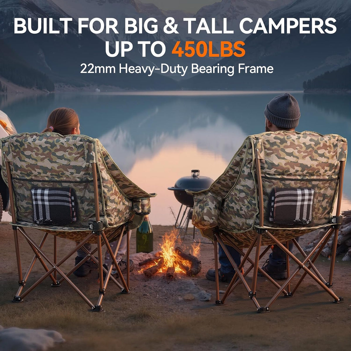 Huskfirm 2 Pack Camping Chairs Oversized Padded Camping Chair Heavy-Duty Foldable Camping Chairs with Cup Holder and Cooler Bag Portable Lawn Chair for Sports Outdoors-Support 450LBS, Camouflage