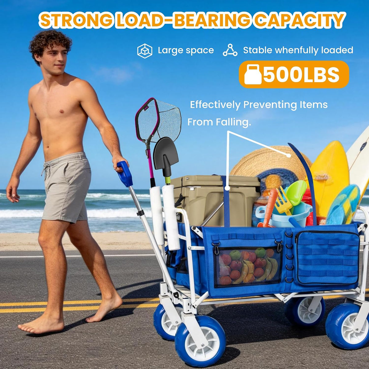 Beach Fishing Wagon Cart with All-Terrain Big Wheels, 500lbs Load Heavy Duty Wagons Carts Foldable with Removable Cooler & Storage Bags for Sand Shopping Garden Sports Camping Outdoor (Blue1)
