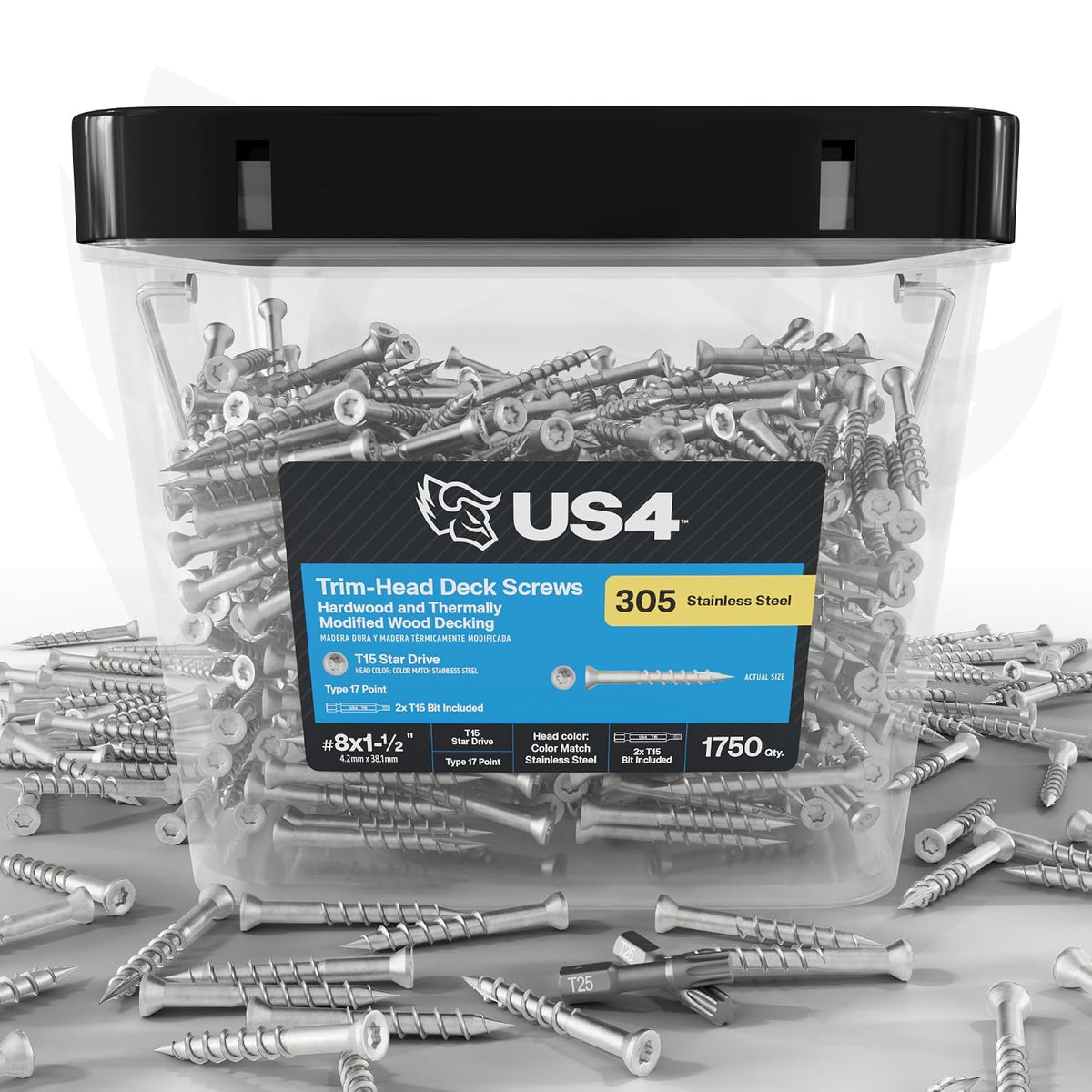 US4 - Stainless Steel Wood Screws | 305 Stainless Steel | Trim Head T15 Star Drive | Rust & Corrosion-Resistant | Outdoor Decking Screws (1750, #8 x 1-1/2')