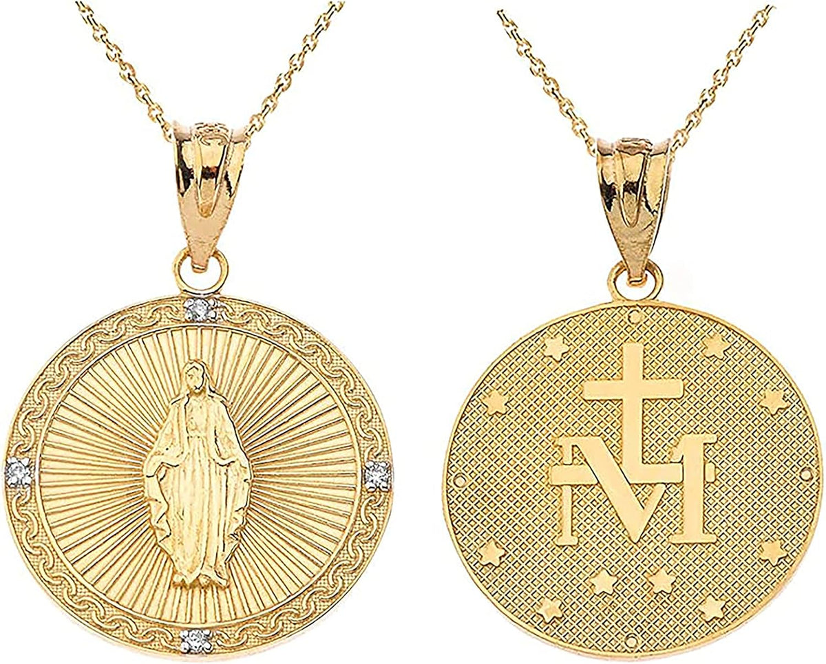 Religious Jewelry Certified 14k Gold Miraculous Medal Of Blessed Virgin Mary Catholic Charm Diamond Necklace