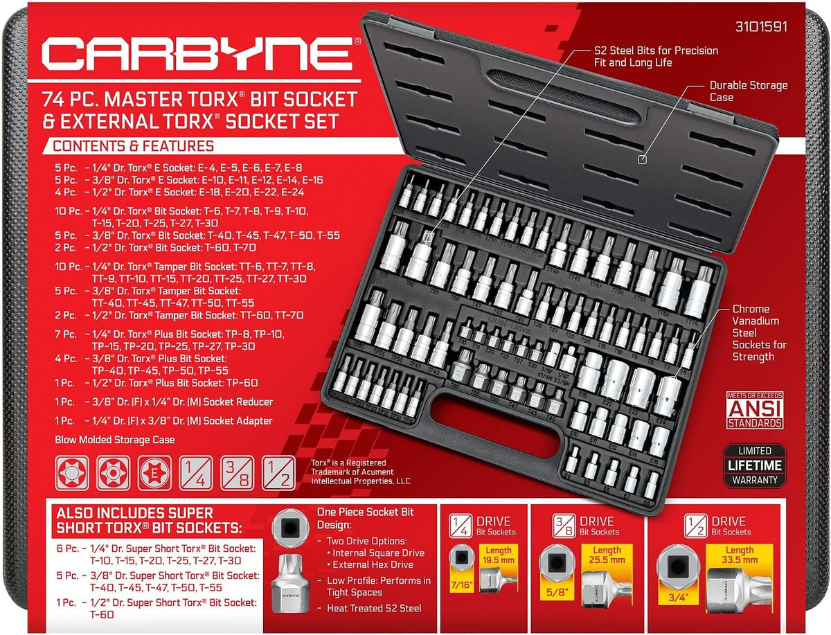 CARBYNE 74-Piece Master Torx Bit Socket Set and E-Torx Socket Set, Stubby Low Profile Super Short T10-T60, Standard T6-T70, Tamper TT6-TT70, Plus TP8-TP60, S2 Steel, Genuine Licensed Torx