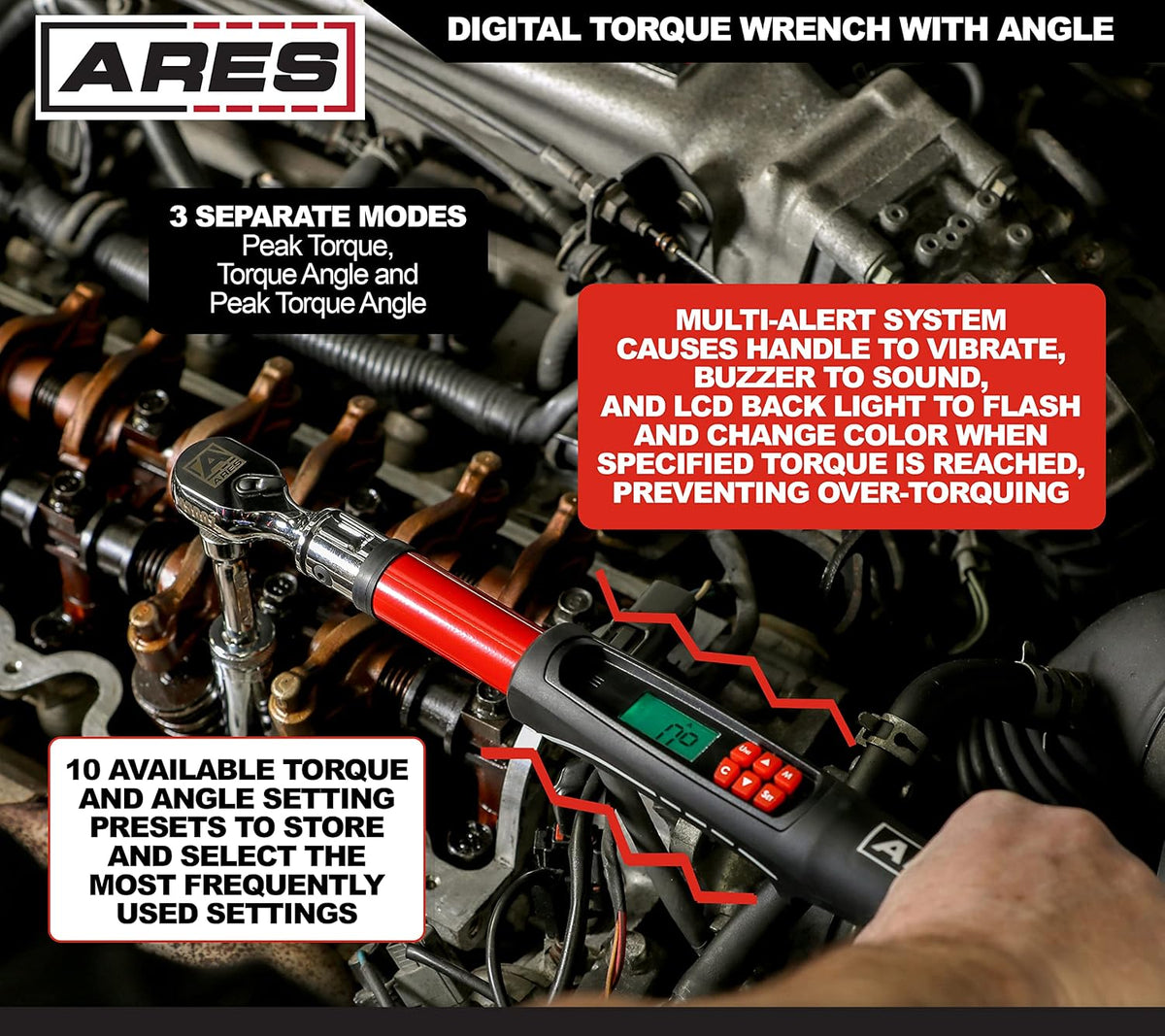 ARES 43007-3/8-Inch Drive Flex Head Electronic Digital Torque and Torque Angle Wrench - 10-100 ft/lbs (13.5-135Nm) - Reversible Sealed Head - Multi-Alert Prevents Over-Torquing