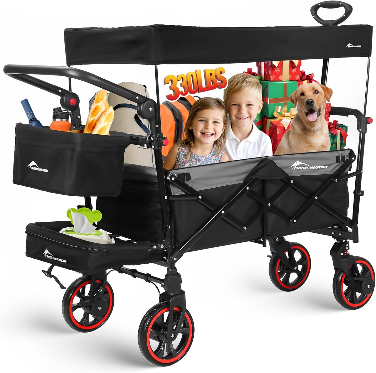 Wagon Stroller with Canopy,Large Capacity Trolley, Foldable Portable Cart with Canopy, Adjustable Push/Pull Handle, Shock-Absorbing Wheels, Suitable for Shopping,Traveling-B