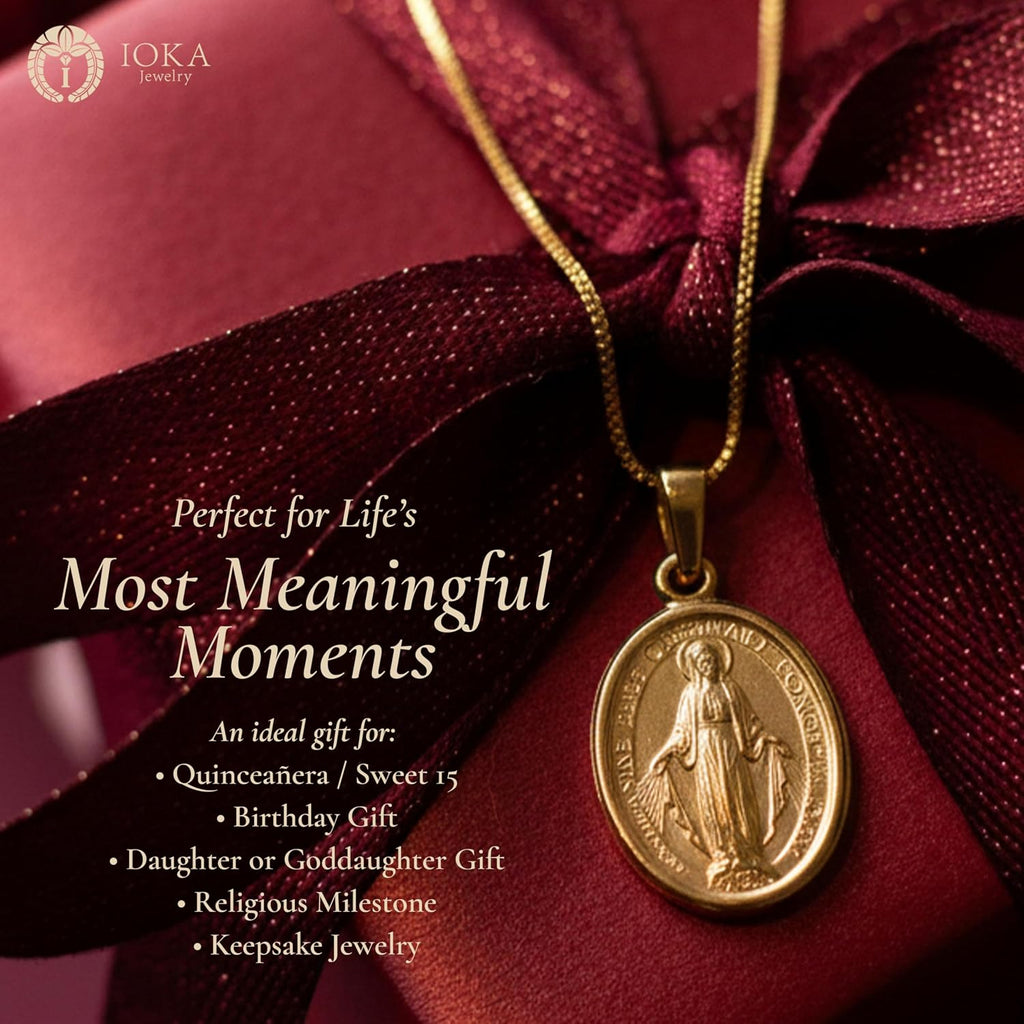 Ioka 14K Solid Yellow Gold Virgin Mary Miraculous Medal Pendant – Classic Catholic Religious Charm Jewelry for Men & Women
