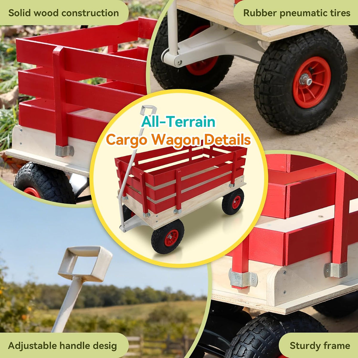 Garden Cart with Removable Side Panels, 176 lbs Capacity - Heavy-Duty Steel Yard Cart with Pneumatic Tires, Ideal for Gardening, Beach Use, and More (Red-White Handle)