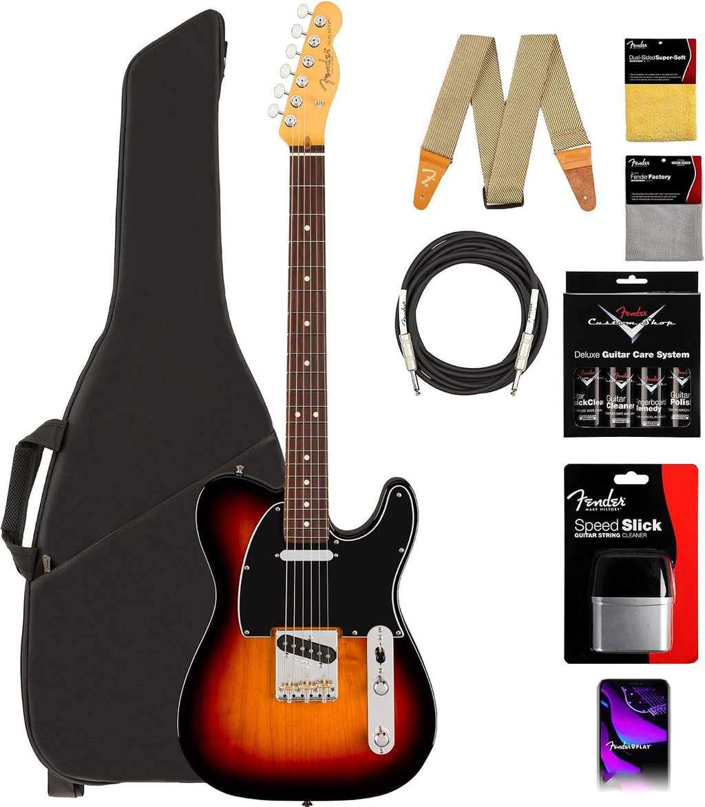 Fender American Professional Classic Telecaster - 3-Color Sunburst Bundle with Gig Bag, Strap, Cable, and Guitar Cleaning Kit