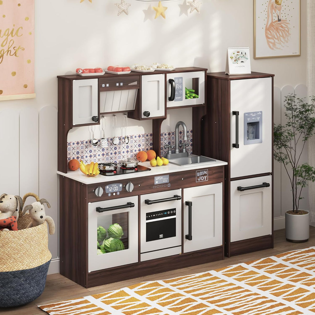 BRINJOY 2-Piece Kids Kitchen Playset, Wooden Play Kitchen Set for Toddlers, Modular Pretend Play Kitchen w/Light&Sound Stove Oven, Large Kitchen Cooking Toy w/Refrigerator, Gift for Girls Boys