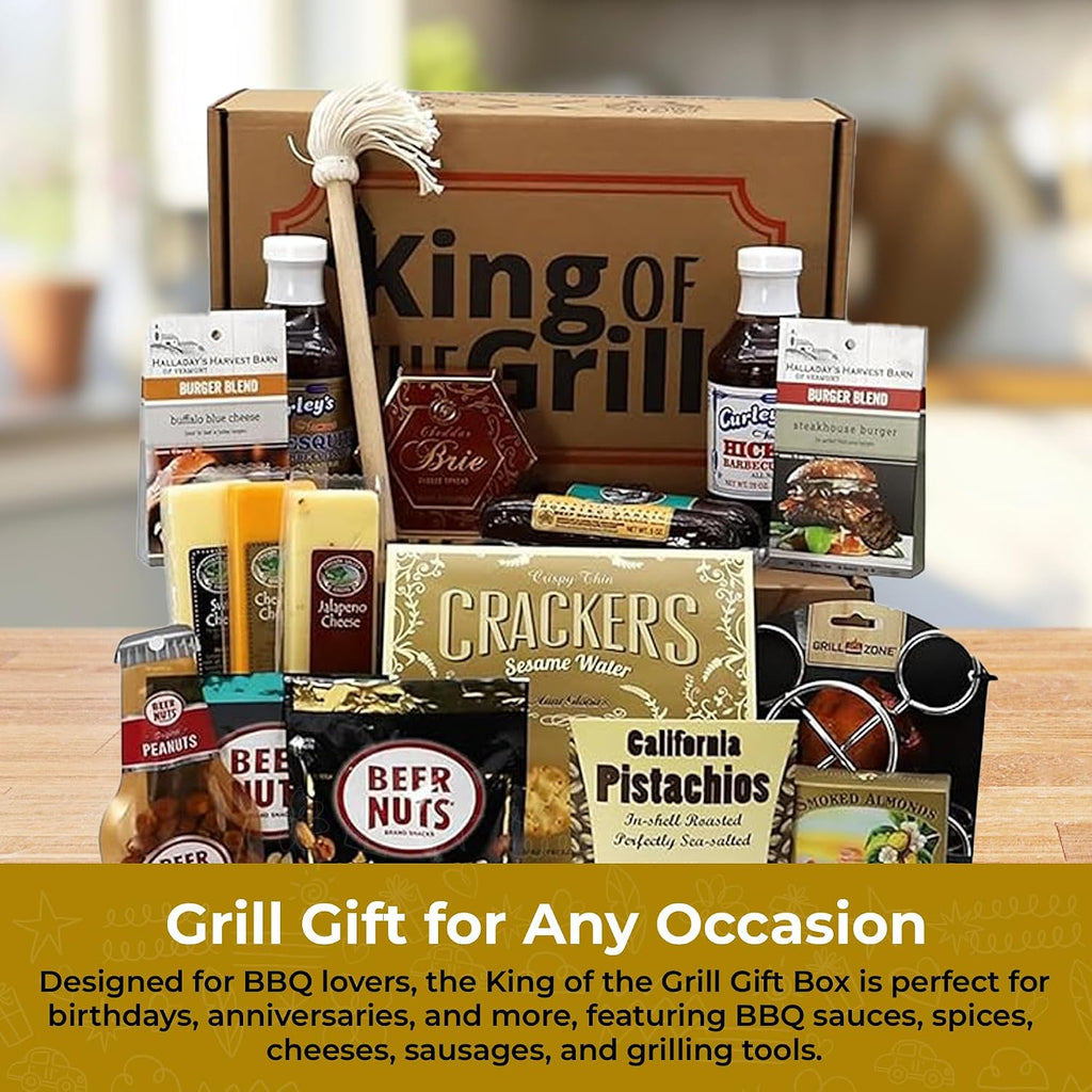 Gift Basket Village King of the Grill Gift Box - Includes BBQ Sauces, Burger Spice Blends, Cheese, Sausages, Grilling Accessories & More - Gifts for Men - BBQ Gift Set for Birthday, Anniversary & More
