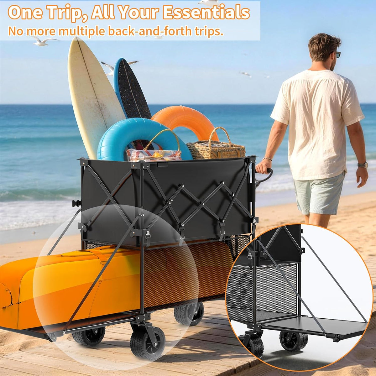 480L Double Decker Wagon, 58' L Extended Foldable Utility Cart with Tailgate, Big All-Terrain Wheels with Brakes, 520lbs Heavy Duty Collapsible Wagon for Camping Beach Sports Grocery Pets