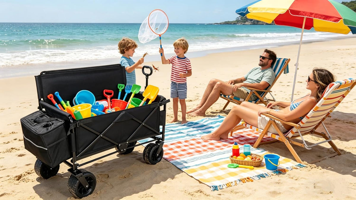 3-in-1 Convertible Folding Wagon Cart with Bench Seat & Storage - Includes 1 ice Pack, 500lbs Heavy-Duty Utility Wagon, All-Terrain Wheels for Camping, Beach, Sports, Garden (Black)